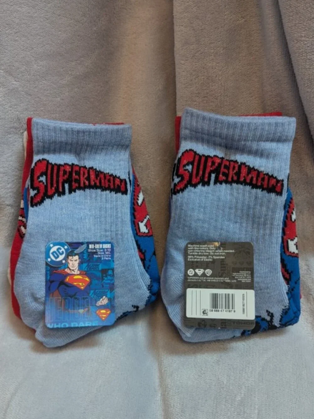 NWT Bundle of 2 Boys' Warner Bros. Crew Superman Socks 3 pack - M/L (sizes 3-10)
